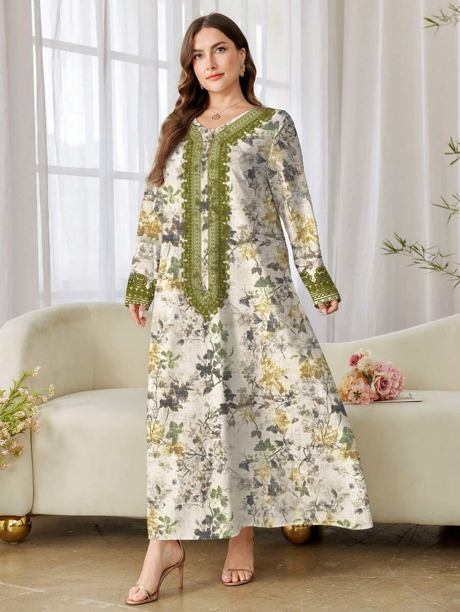 Al Najma Plus Size Women Elegant Floral Print Patchwork Elastic Band Loose Dress, Modest - Multicolor - View 1