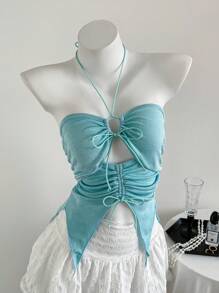Flirla Fashionable Casual Lace-Up Halter Neck Women Tank Top, Spring/Summer - Mint Green - View 4
