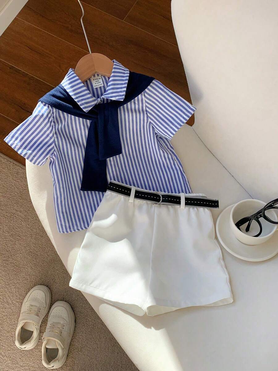 SHEIN 4pcs Set Young Boy Summer Cute Striped Short Sleeve Shirt, Elastic Waist Shorts, Cape, With Belt, Suitable For Birthday Party, Evening Party, Performance, Wedding, Back To School, Vacation - Multicolor - View 1