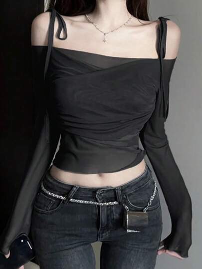 DAZY 女士纯色网眼褶皱短款长袖 T 恤