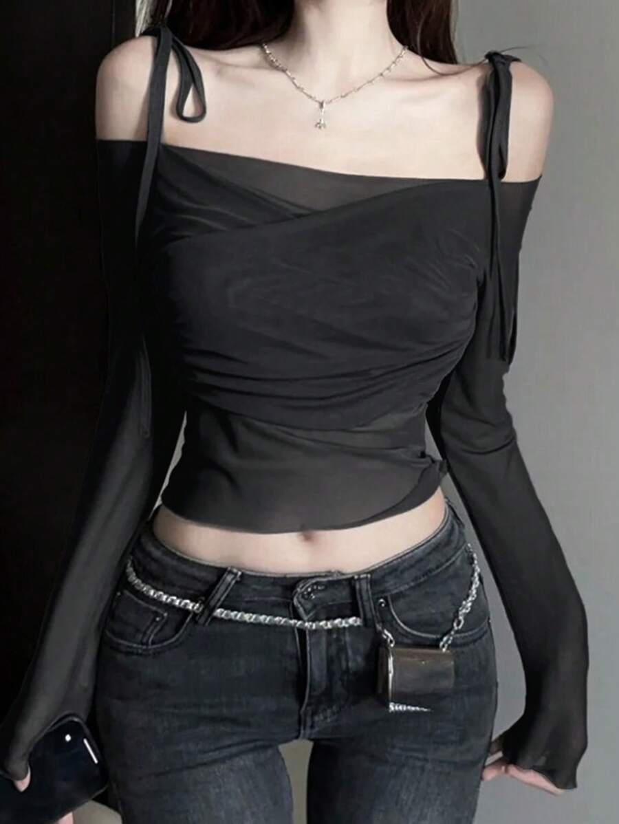 DAZY 女士纯色网眼褶皱短款长袖 T 恤 - 黑色 - 查看 1