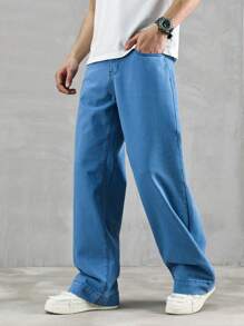 Manfinity Homme Casual Men's Loose Slant Pocket Straight Leg Jeans - Blue - View 7