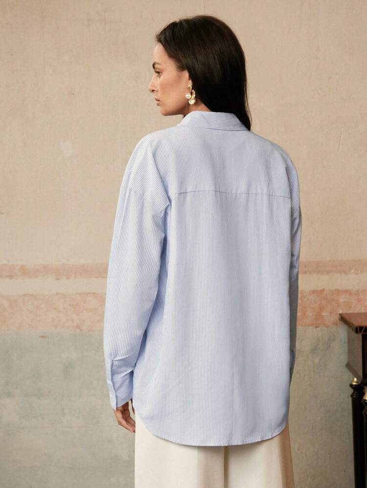 Romantic Blue & White Stripe Embroidered Long Sleeve Casual Blouse, Suitable For Spring/Summer Renaissance Fairs, Festivals, Holidays, Vacations