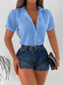 INAWLY Women's Solid Color Short Sleeve Single-Breasted Casual Blouse - Blue - View 1