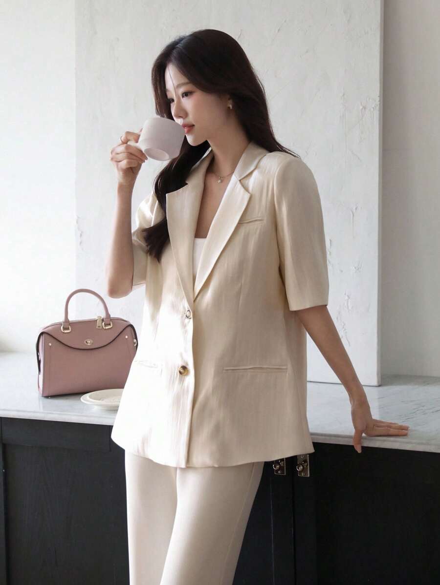 DAZY Solid Color Short Sleeve Women's Lapel Single Breasted Casual Blazer Jacket Business Attire - Apricot - View 1