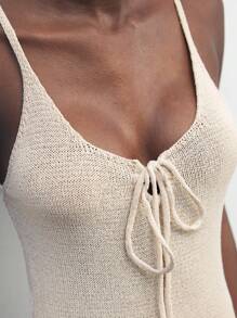 Maija 2025 Autumn/Winter New Beige Curled Pearl Yarn Knitted Hollow Out Tie Bow Shoulder Exposed Sweater Dress, Elegant Urban Romantic Vintage Y2K Country Music Festival Retro Style, Suitable For Airport Travel, Street, Wedding Guest, Birthday, Halloween, Business Casual, Office, Date, Party, Back To School