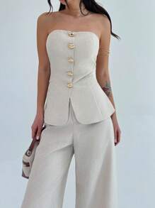 Firerie Women 2 Pieces Set Elegant Minimalist Metal Button Bandeau Top And High Waist Wide Leg Pants In Khaki, Suitable For Office, Leisure, Vacation - Khaki - View 3