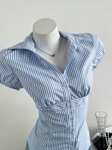 Elamini Women Striped Casual Versatile Fitted Polo Collar Shirt, Spring/Summer