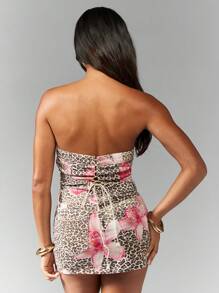 MISSGUIDED 豹纹紧身胸衣上衣搭配粉色兰花图案露肩抹胸夏季派对节日俱乐部服装 - 彩色 - 查看 2