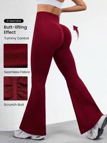 SHEIN Sports Minimalist Fashion Casual Everyday Wine Red Seamless Sports Flared Pants