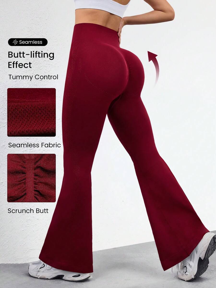 SHEIN Sports Minimalist Fashion Casual Everyday Wine Red Seamless Sports Flared Pants