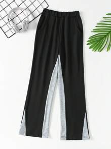 SHEIN Pantalón de chándal de pierna acampanada con parches de colores contrastantes para adolescentes
