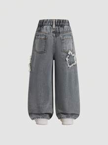 WIDE LEG JEANS WITH STARS-Light Grey,Young Kids Wide Leg Jeans With Elastic Waistband And Front Snap Button Closure. Front Pockets And Back Patch Pockets. Frayed Star Patches. - Light Grey - View 2