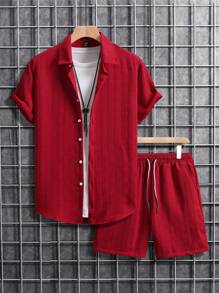 Manfinity RSRT 2pcs Men's Solid Front Button Short Sleeve Shirt And Pocket Shorts Set Men Clothes Men Shirt Co Ords Men Summer Outfits Men Shirt Co Ords Vacation Outfits Vacation Outfits For Men - Red - View 6