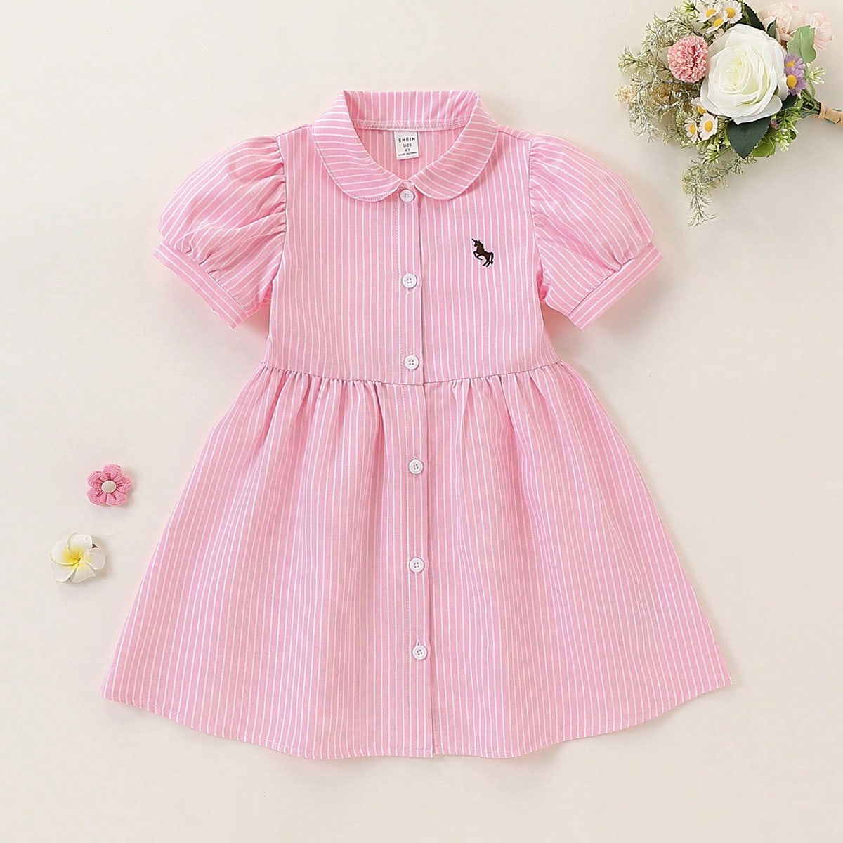Vestido-camisa de manga corta de burbuja con bordado y rayas, estilo escolar casual para niña, adecuado para primavera/verano, uso escolar y diario