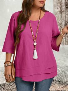 EMERY ROSE Camisa asimétrica de talla grande de estilo rural color verde para ropa de otoño - Rosa Fucsia - Ver 1