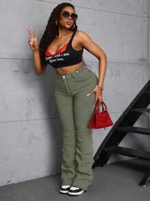 SHEIN SXY Plus Size Women Denim Elastic Retro Side Pleated Flare Pants, Slimming  Summer Outfits For Women Festival Outfits