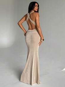 Aloruh Women's Spring And Summer Vacation Daily Sexy Solid Color Dress Deep V Pleated Breast Cup Waist Hollowed Out Buttocks Fishtail Blue Dress Cross Backless Tight Maxi Dress Dresses For Wedding Event