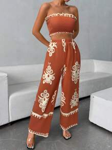 SHEIN Frenchy Women's Casual Resort Spring/Summer 2 Pieces Geometric Print Bandeau Top - Brown - View 4