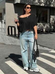 Muchica 黑色加大码短款休闲T恤