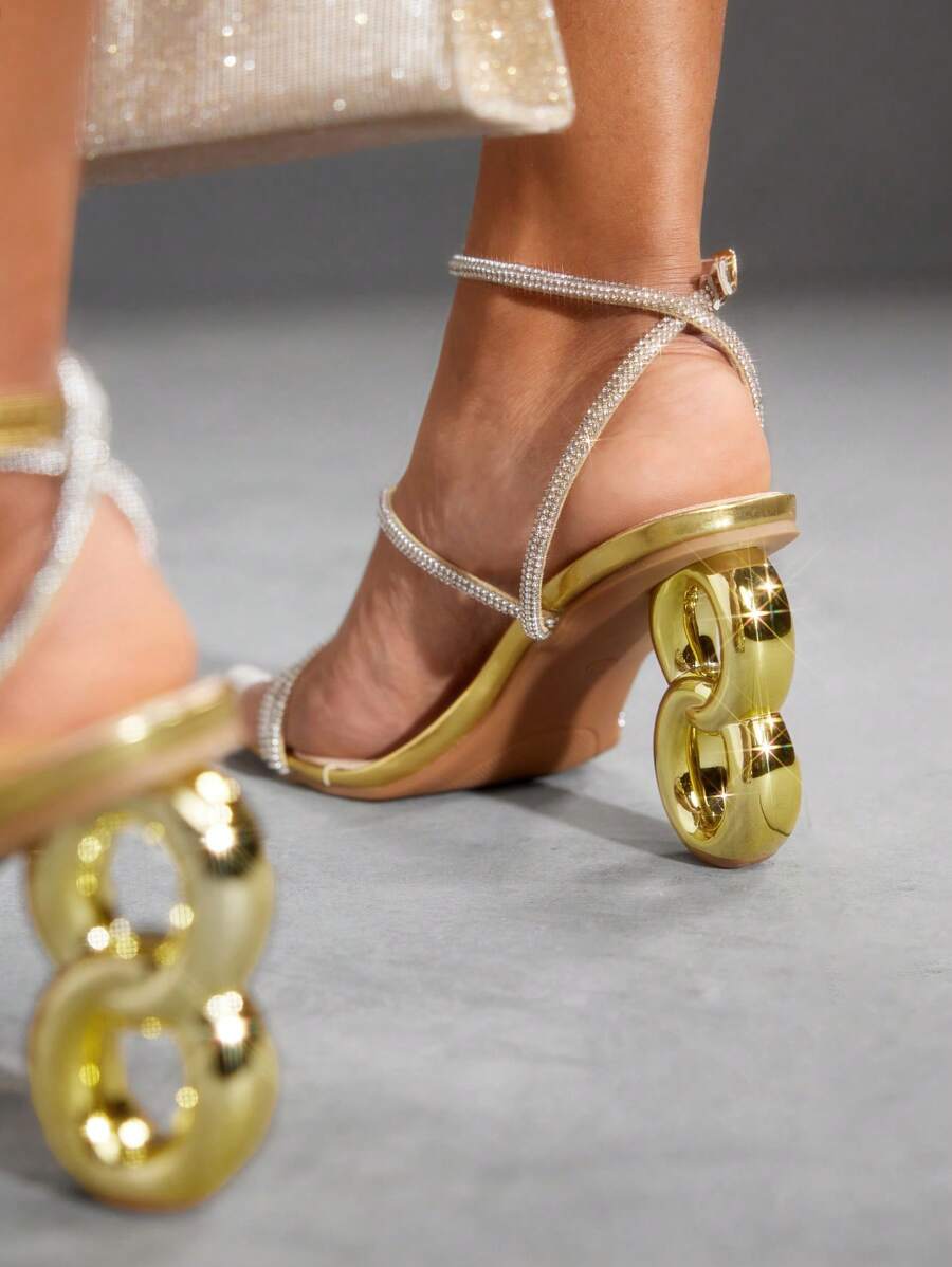 CUCCOO SZL 方头粗高跟水钻装饰性感时尚女士正装凉鞋，适合夜间外出、约会、派对、春夏季服装 - 金色 - 查看 1