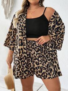 SHEIN CURVE+ Bộ 2 món cỡ lớn: Áo sơ mi dài tay họa tiết da báo và quần short, tối giản và thời trang, phù hợp cho mùa hè, đường cong cỡ lớn, trang phục đi biển theo phong cách Boho dành cho nữ/bãi biển/trang phục đi nghỉ ở bãi biển/đồ dùng cần thiết cho bãi biển/váy tốt nghiệp/váy tiệc trà - Nhiều màu - Xem 7