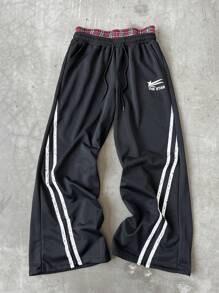 PAVTROS 男士格子和侧条纹印花抽绳腰休闲裤