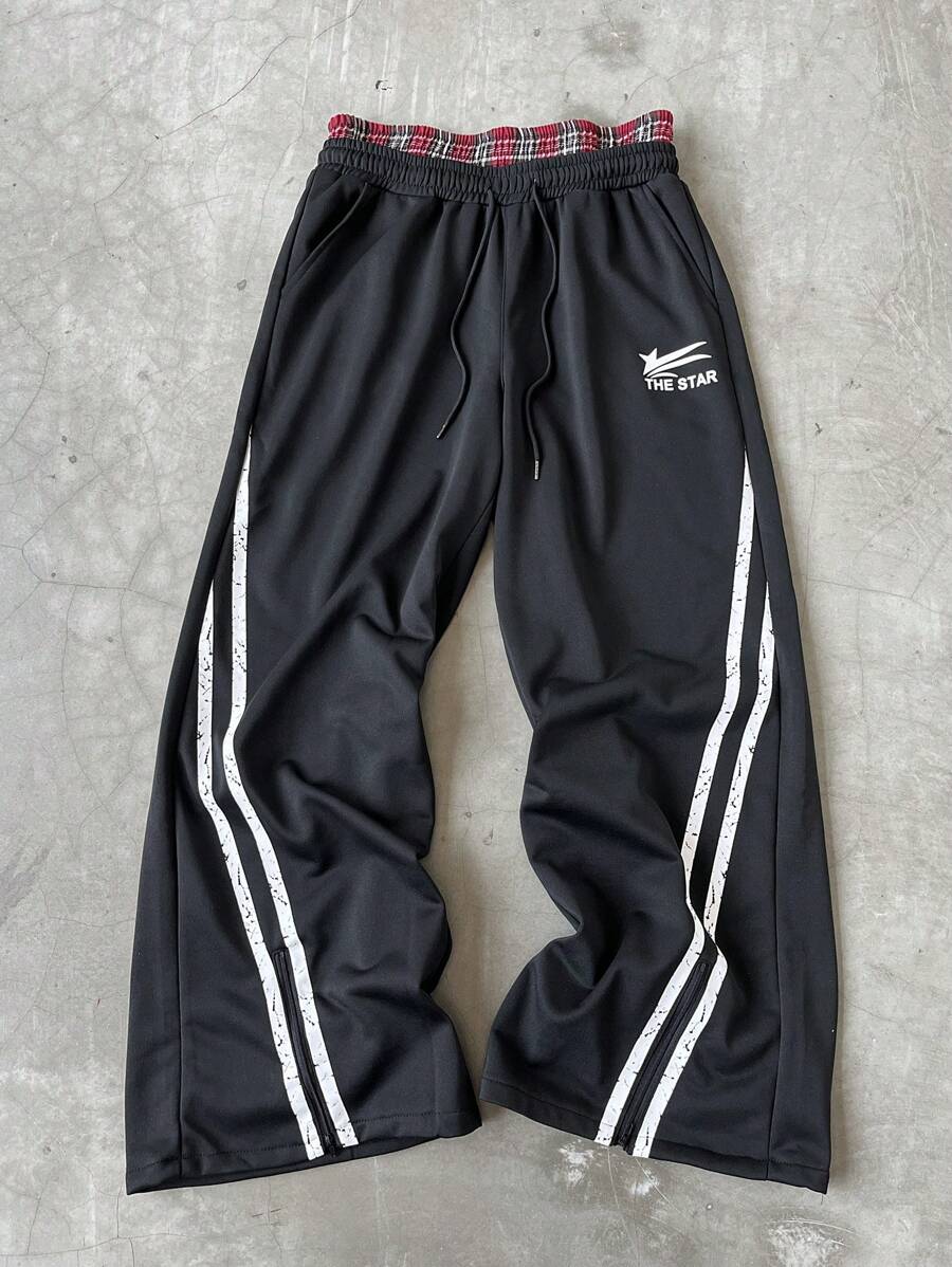 PAVTROS 男士格子和侧条纹印花抽绳腰休闲裤