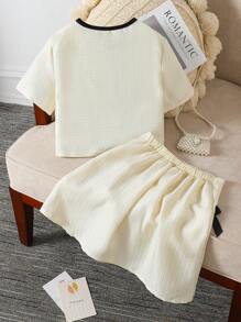 Tween Girls Casual/Commuter Bow Decor Short Sleeve Shirt And Pleated Midi Skirt 2 Pieces Set - Apricot - View 2