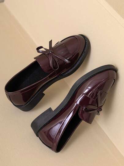 Kawaii Bow Decor Fringe Trim Flat Loafers BURGUNDY Flats New Year Holiday Valentines Spring Shoes