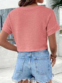 SHEIN VCAY Spring Solid Batwing Sleeve Round Neck Crop Tee - Dusty Pink - View 2