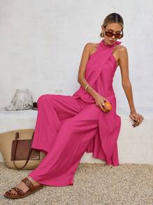 SHEIN VCAY 2件套女士度假休闲纯色露背吊带上衣和长裤套装 - 玫紅色 - 查看 7