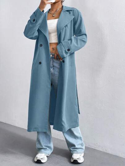 Flirla 女式纯色双排扣长袖长款风衣