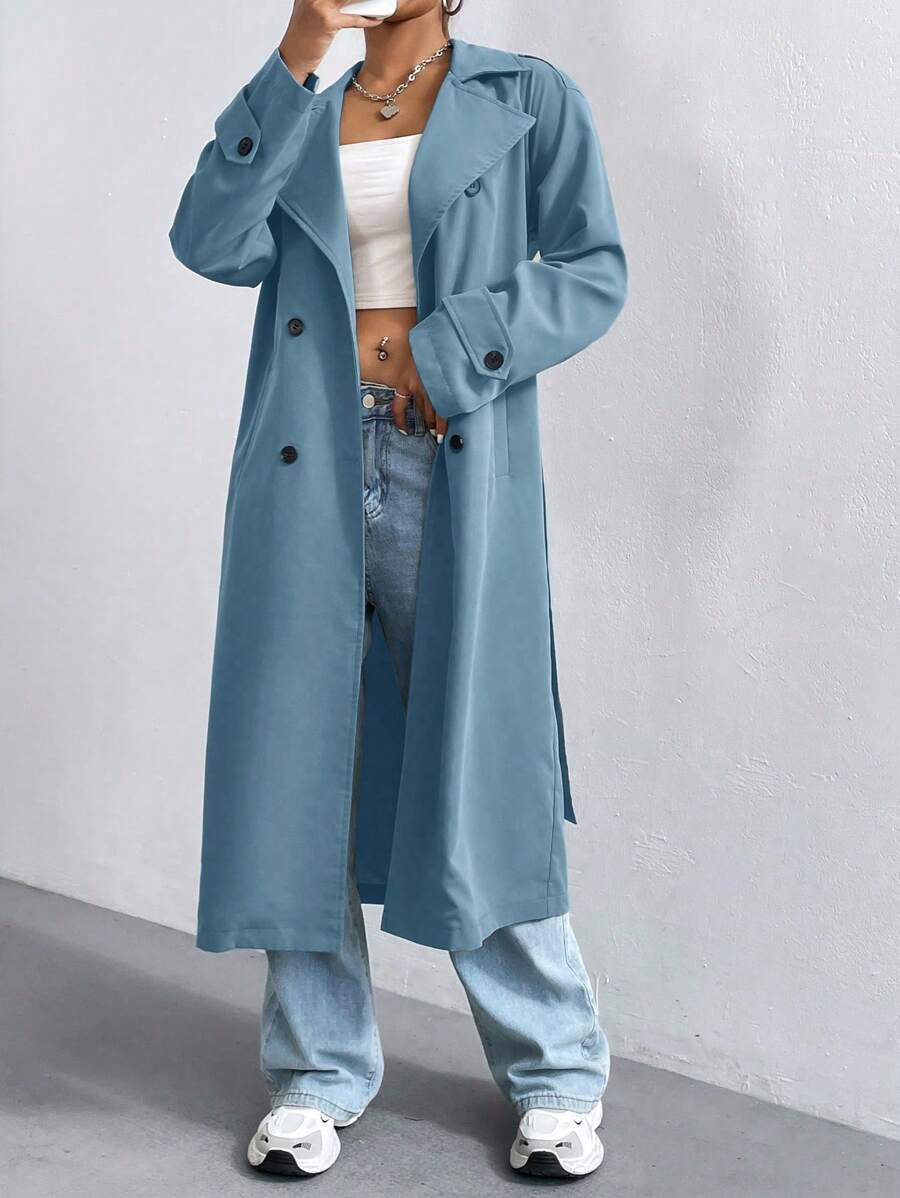 Flirla Women's Solid Color Double-Breasted Long Sleeve Long Trench Coat Fall Winter Cloth For Women - Blue - View 1