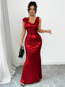 Rafferiza Vestido largo con espalda descubierta y decoración de lazo en color liso para mujer - Rojo - Ver 4