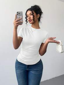 Chiquease 女士新款时尚褶皱肩短袖 T 恤 - 白色 - 查看 4