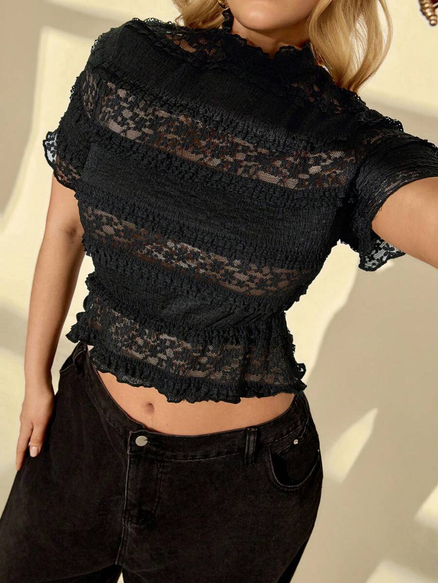 Auralis 大码夏季 Y2k 上衣生日音乐会女式早午餐 Fairycore 纯色蕾丝短袖上衣、黑色蕾丝透视上衣、外出上衣、蕾丝上衣， - 黑色 - 查看 1