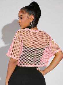 SHEIN SXY Women Mesh Solid Color Short Sleeve Round Neck Top, Fashionable For Summer - Pink - View 2