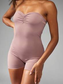 MISSGUIDED Strapless Bandeau Unitard Playsuit Stretchy Compression Bodysuit Form-Fitting Workout Athletic Dance Performance Short Jumpsuit Party Club Festival Summer Spring - Dusty Purple - View 4