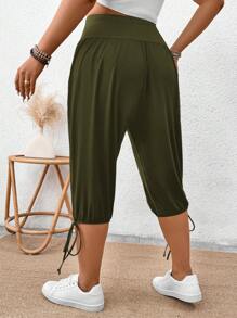 SHEIN LUNE Plus Size Women's Casual Solid Color Slant Pocket 3/4 Pants - Olive Green - View 2