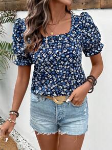 Breezaya Vacation Casual Ditsy Floral Square Neck Puff Sleeve Shirt - Black - View 4