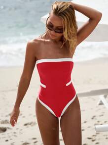 Swim SPRTY Women's Contrast Trim Bandeau One-Piece Swimsuit For Beach/Resort For Summer Beach Vacation