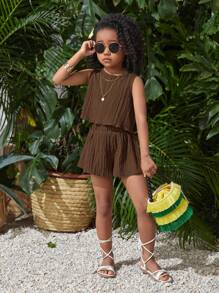 SHEIN Young Girl 2pcs Set: Woven Solid Color Sleeveless Top And Loose Woven Solid Color Shorts - Brown - View 3