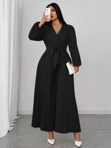 Vionelle 女式加大码优雅交叉领系带蝴蝶结褶皱连体裤，长袖百搭时尚