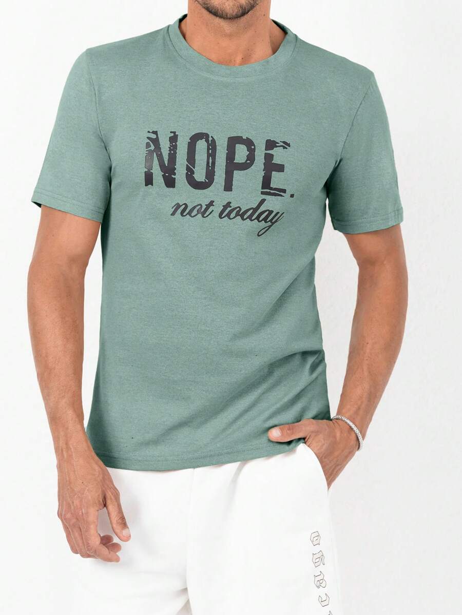 SHEIN Cottnline Men's Letter Print Round Neck Short Sleeve Casual Versatile T-Shirt - Mint Green - View 1