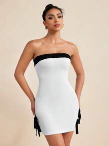 LUNA B White Black Contrast Color Bow Detail Strapless Mini Dress Women Sexy Summer Vacation Sundress Dresses For Women Elegant Women Mini Dresses