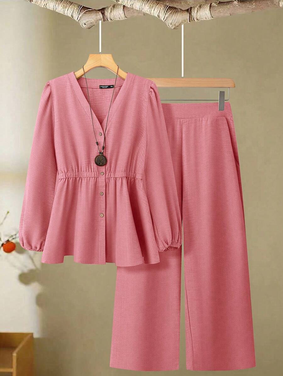 SHEIN LUNE Plus Size Solid V-Neck Long Sleeve Top And Long Pants 2 Pieces Set, Casual - Violet Purple - View 1