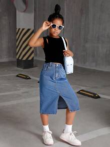 SHEIN Tween Girl'' Casual Denim Skirt With Front Slit, Fashionable And Versatile Fall Winter