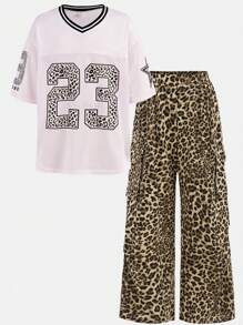 SHEIN Girlism 2pcs/Set Tween Girls Loose Casual Minimalist V-Neck Short Sleeve T-Shirt And Leopard Print Pants - Pink - View 12