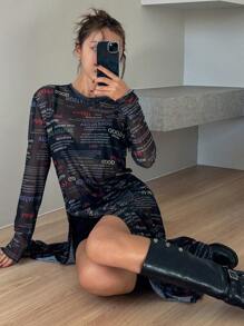 DAZY 女士圆领撞色字母印花透视网眼拼接宽松休闲长袖街头风套头衫